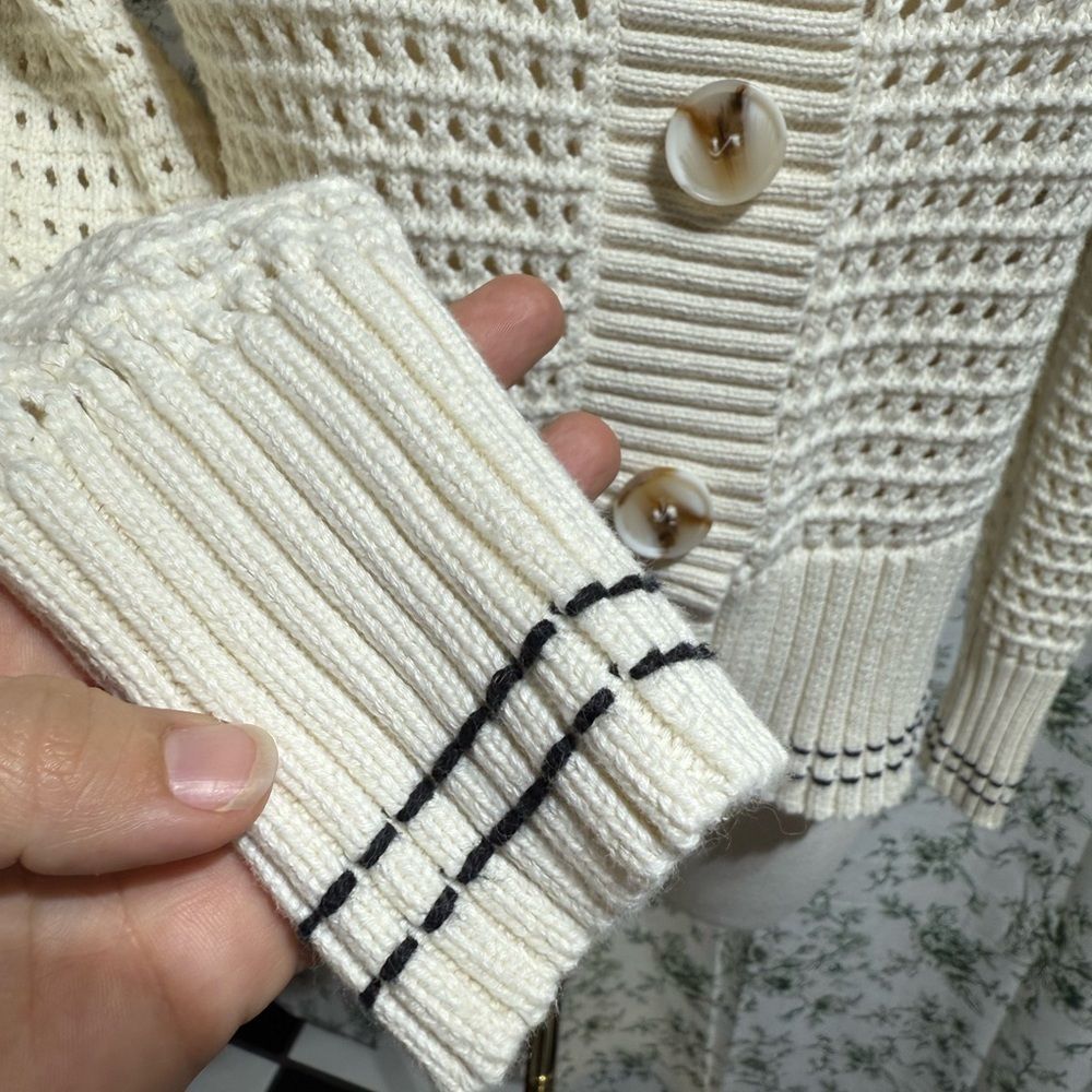Magaschoni Cream Knit Button-Up Cardigan with Black Trim - Picture 4 of 5